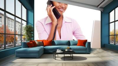 smiley woman talking on the phone Wall mural