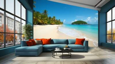 Serene Tropical Beach: Clear Turquoise Waters, Sandy Shore, and Lush Palm Trees Wall mural