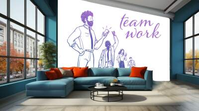 Business team work success concept. Office people, multiethnic group stand together celebrating. Collaboration and partnership. Mobile service. Hand drawn sketch style. Vector illustration. Wall mural