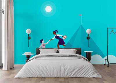 Flat illustration with business ladies climbing together on mountain peak top on blue clouded sky background. Team work, achievement, reaching aim, partnership, motivation, support, - metaphor. Wall mural