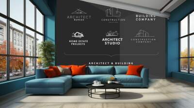 Set of vector construction company brand design templates. Building company and architect bureau insignia, logo illustration isolated on black background. White stroke, line art. Wall mural