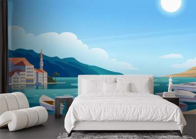 Vector flat landscape illustration of beautiful nature view: sky, mountains, water, cozy European town houses on sea coast. For travel banner, card, vacation touristic advertising, brochure, flayer. Wall mural