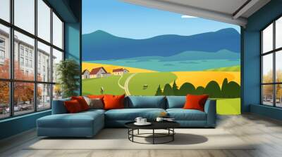 Vector flat landscape illustration of summer countryside nature view: sky, mountains, cozy village houses, cows, fields and meadows. For farm product packaging, sticker design, banner, flayer etc. Wall mural