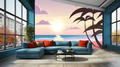 Vector flat landscape illustration of wild nature summer sunset on beach view with sky, sea coast, ocean, palm trees. For travel banners, cards, vacation and touristic advertising, brochures, flayer. Wall mural