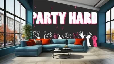 Vector party or concert flayer, invitation, banner, poster design template with crowd, human hands illustration and heading isolated on black background. Hand drawn sketch style, outline drawing. Wall mural