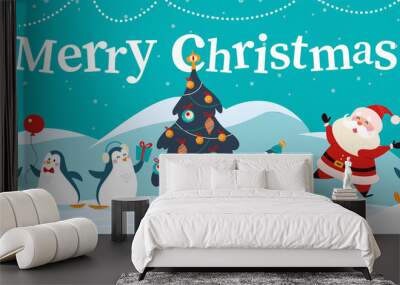 Winter holiday illustration with cute different penguin characters, Santa Claus, decorated xmas fir tree on snowy mountain landscape. Vector cartoon flat concept. For card, package, banner, invitation Wall mural