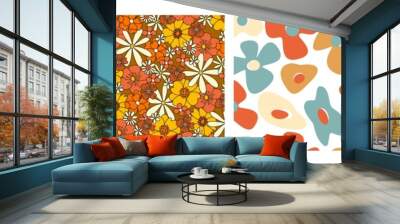 Seamless vector retro floral patterns in 70s style Wall mural