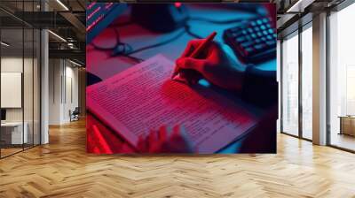 A person's hand writes on a page lit by red and blue light. Wall mural