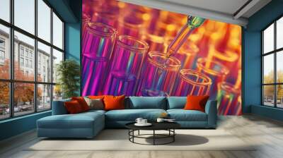 Close-up of a dropper dispensing liquid into test tubes. Wall mural