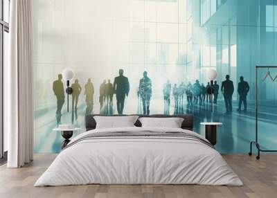 Silhouettes of businesspeople walking in a modern office building. Wall mural