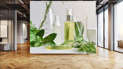 Natural skin care beauty products, Natural organic botany extraction and scientific glassware, Blank label cosmetic container for branding mock-up. Wall mural