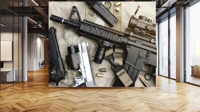 Weapons and military equipment for army, Assault rifle gun (M4A1) and pistol on camouflage background. Wall mural