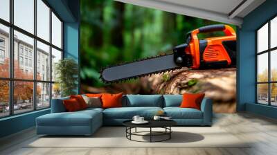 A chainsaw resting on a fallen tree trunk in the middle of a forest, ready for cutting logs with its bright orange handle standing out. Wall mural