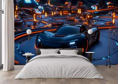 A sleek sports car races through a neon-lit futuristic track. Wall mural