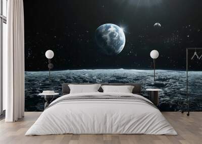 A stunning view of Earth and its moon as seen from the surface of another celestial body, surrounded by the vastness of space. Wall mural