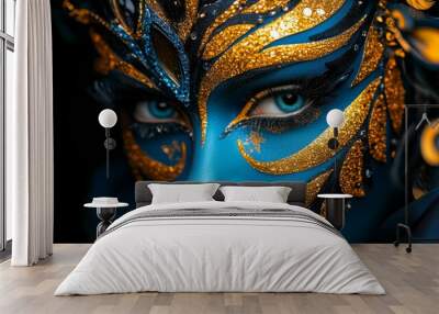 Intricate Face Mask with Glittering Details A vibrant and detailed close-up of a blue and gold mask adorned with glittering patterns, creating an eye-catching, theatrical appearance. Wall mural