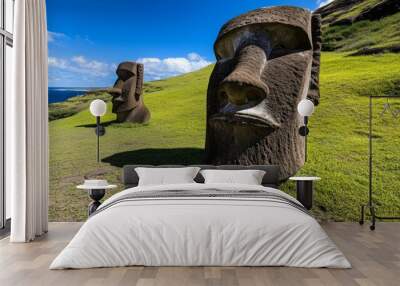 Two towering Moai statues stand on a lush green hill, gazing out towards the ocean under a bright blue sky.  Wall mural