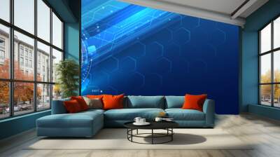 Abstract blue background with various technology elements. Wide Hi-tech communication concept. Connection structure vector illustration. Wall mural