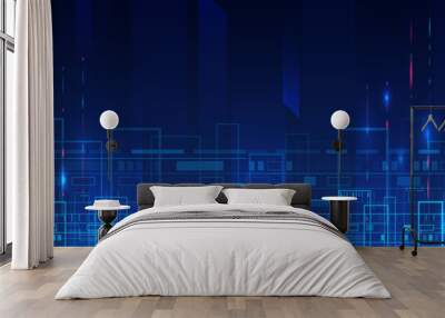 Abstract futuristic background. Hi-tech business presentation. Cyber city. Big data concept. Cyber security for business and internet project. Wall mural