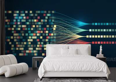 Abstract stream information with ball array and binary code. Filtering machine algorithms. Sorting data. Vector technology background. Big data visualization. Information analytics concept. Wall mural