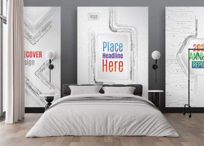 Abstract technology cover with various techno elements. High tech brochure design concept. Futuristic business layout. Digital poster templates. Wall mural