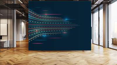 Big data visualization on dark background. An array of multi-colored lines. Hi-tech concept of data structuring. Futuristic fragmentation of information. Wall mural