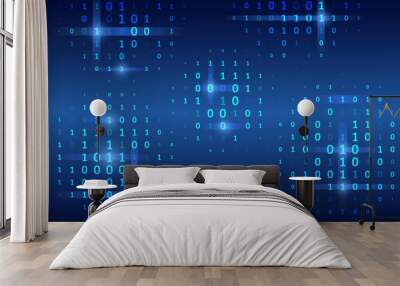 Blue background with data flow. Binary code, artificial intelligence. Program code. Computer background of numbers. Analytics, sorting, structuring, information transfer. Wall mural