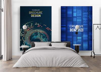 Blue layout futuristic brochures, flyers, placards. Contemporary science and digital technology concept. Vector template for brochure or cover with hi-tech elements background. Wall mural