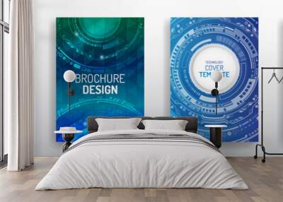 Blue layout futuristic brochures, flyers, placards. Contemporary science and digital technology concept. Vector template for brochure or cover with hi-tech elements background. Wall mural