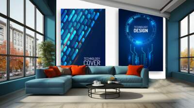 Blue layout futuristic brochures, flyers, placards. Contemporary science and digital technology concept. Vector template for brochure or cover with hi-tech elements background. Wall mural