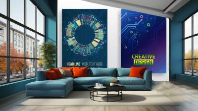 Blue layout futuristic brochures, flyers, placards. Contemporary science and digital technology concept. Vector template for brochure or cover with hi-tech elements background. Wall mural