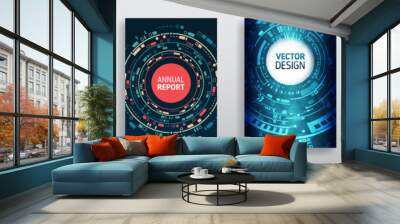 Blue layout futuristic brochures, flyers, placards. Contemporary science and digital technology concept. Vector template for brochure or cover with hi-tech elements background. Wall mural