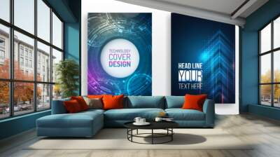 Brochure, flyer, book, annual report. Blue hi-tech vector illustrations for business presentations. Futuristic business posters. Technology covers corporate documents. Layout template science designs. Wall mural