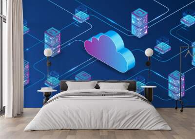 Cloud technology isometric background. Computer technology, server room, and equipment for internet networks. Data cloud storage technology. Database and data center vector illustration. Wall mural