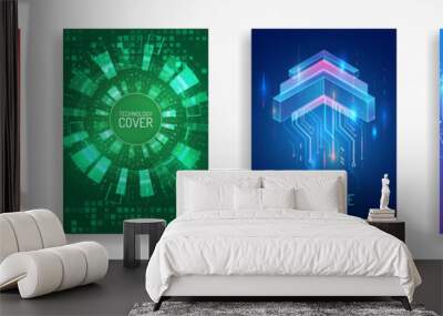 Contemporary science and digital technology concept. Vector template for brochure or cover with hi-tech elements background. Blue layout futuristic brochures, flyers, placards. Wall mural