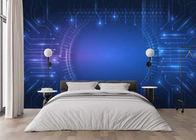 Digital internet communication on blue background. Wide Cyber security internet and networking concept. Hi-tech vector illustration with various technology elements. Abstract circuit board. Wall mural