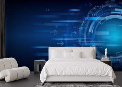 Hi-tech vector illustration with various technology elements. Wide Cyber security internet and networking concept. Abstract global sci fi concept. Digital internet communication on blue background Wall mural