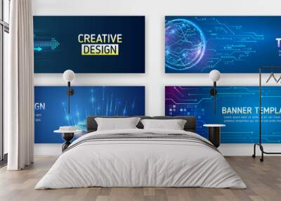 Modern banner in hi-tech style. Set of web banner templates, information protection, big data. Scientific and technical concept. Wall mural