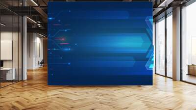 Neon glowing lines on a blue background. High tech technology concept for banner or presentation. Futuristic background made of arrows blocks. Wall mural