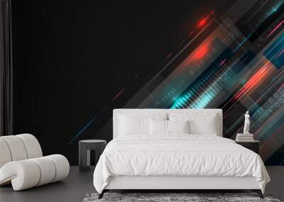 Wide background with various technological elements. Hi-tech computer digital technology concept. Abstract technology communication. Neon glowing lines. Speed and motion blur over dark  background. Wall mural