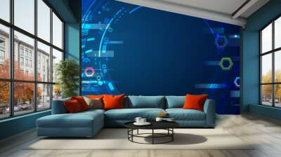 Wide Cyber security internet and networking concept. Abstract global sci fi concept. Digital internet communication on blue background. Hi-tech vector illustration with various technology elements. Wall mural