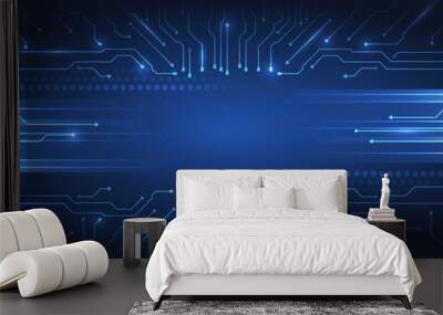 Wide Cyber security internet and networking concept. Hi-tech vector illustration with various technology elements. Abstract circuit board. Digital internet communication on blue background. Wall mural