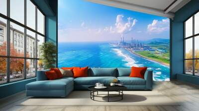 Aerial view of an industrial complex on the coast with ocean and blue sky. Wall mural