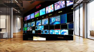 Blurred picture video switch of Television Broadcast, working with video and audio mixer, control broadcasts in recording studio. Wall mural