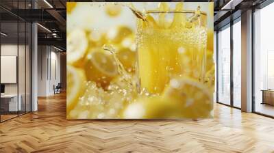 3D rendered close-up of lemon juice pouring and splashing in a glass, with fresh lemon fruits around, highlighting the zesty freshness and vivid splash. Wall mural