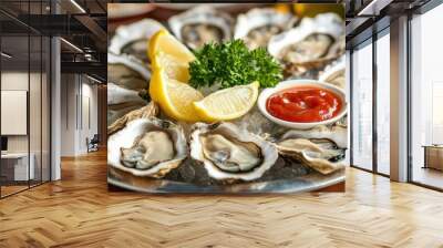 A beautifully arranged platter of fresh oysters on the half shell, served with lemon wedges and cocktail sauce. Wall mural