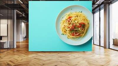 A beautifully styled plate of fresh pasta topped with sauce and herbs, set against a bright backdrop with plenty of blank space for branding or advertising. Wall mural