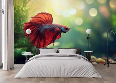 A betta fish in a beautifully arranged tank with clear, open space around it. The unobstructed background is ideal for adding text. Wall mural