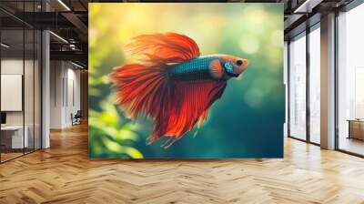 A betta fish with flowing fins and bright colors in a well-lit aquarium. The clear water and tank background provide ample copy space. Wall mural