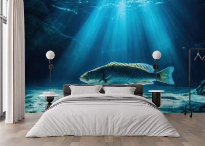 A calm underwater scene featuring a single sea fish resting on the ocean floor, with a soft and natural light Wall mural